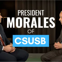From left, Naja Faysal, host of the Inland Empire Business Network Podcast, and CSUSB President Tomás D. Morales