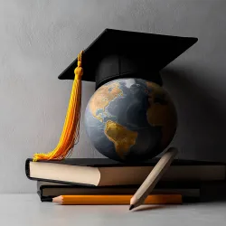 AI-generated illustration of a mortar board on a small globe, illustration academic research.