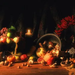 Painting of fall harvest vegetables and fruits