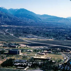 An aerial view of California State College, San Bernardino in February 1983, looking toward the east.
