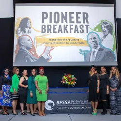 Cal State San Bernardino hosted the 13th annual Pioneer Breakfast on Feb. 27, recognizing the contributions of African Americans and honoring individuals who have enriched the campus and supported student success. Hosted by CSUSB’s Black Faculty, Staff and Student Association, the event serves as a fundraiser for student scholarship and supports the Black Graduation recognition ceremony. 