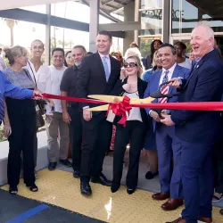 Community leaders and partners cut the ribbon to celebrate the expansion of Randall W. Lewis Center for Entrepreneurship's Riverside service location.