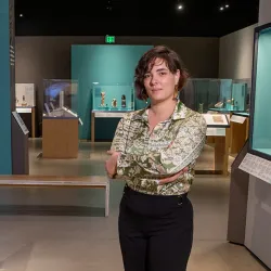 Axelle Brémont posing at the Robert and Frances Fullerton Museum of Art 