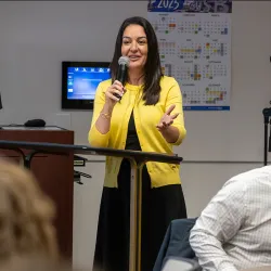 Kelly Campbell, CSUSB vice provost, accreditation liaison officer and a senior diversity officer, speaking during a Growing Leadership Opportunities for Women (GLOW) event in 2025.