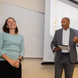 In a surprise announcement, Kate Liszka, left, professor of history and the Benson and Pamela Harer Fellow in Egyptology at CSUSB, was named the winner of Cal State San Bernardino’s 2025-26 Outstanding Scholarship, Research and Creative Activities Award on April 24. 