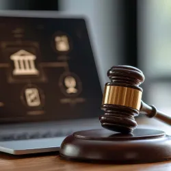 AI illustration depicting a laptop computer and a gavel, symbolizing legal research.