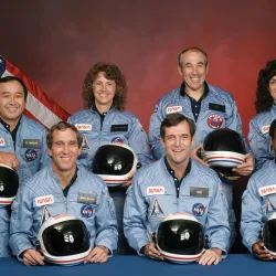 The crew of the space shuttle Challenger’s last flight: back row from left to right: Mission Specialist Ellison S. Onizuka, Teacher in Space participant Sharon Christa McAuliffe, Payload Specialist Greg Jarvis and Mission Specialist Judy Resnik; front row from left to right: Pilot Mike Smith, Commander Dick Scobee and Mission Specialist Ron McNair. 