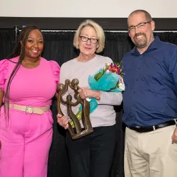 Laura Kamptner (center), professor emeritus, child development, with Chrystina Smith-Rasshan (left), CSUSB Institute for Child Development and Family Relations associate director, and Mark Agars, ICDFR director.