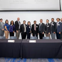 Representatives of CSUSB and NIMS University at the Dec. 6 signing of the memorandum of understanding.