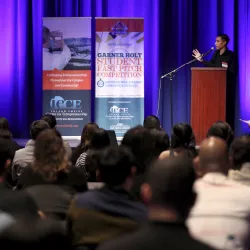 A student makes a presentation at the 2019 Garner Holt Student Fast Pitch Competition. 