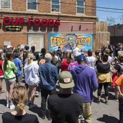 A rally at the spot in Minneapolis, Minn., where George Floyd was killed in May 2020, which sparked widespread protests and discussions on race, police brutality and policing reform. 