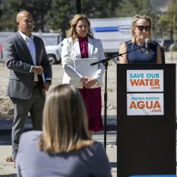 (L to R) Miguel Guerrero, General Manager, San Bernardino Municipal Water Department; Heather Dyer, CEO/General Manager, San Bernardino Valley Municipal Water District; Jennifer Alford, Department Chair, Geography and Environmental Studies, CSUSB; and Rosilicie Ochoa Bogh, Senator, 23rd District, California— Save Our Water Roundtable and Press Event with Secretary Crowfoot & Local Water Agencies at California State University, San Bernardino on Monday, Sept. 19.