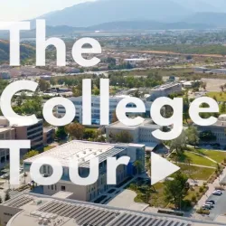 Aerial shot of CSUSB with ‘The College Tour’ written across it