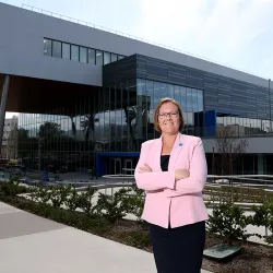 Jennifer Sorenson standing outside the CSUSB Santos Manuel Student Union North.