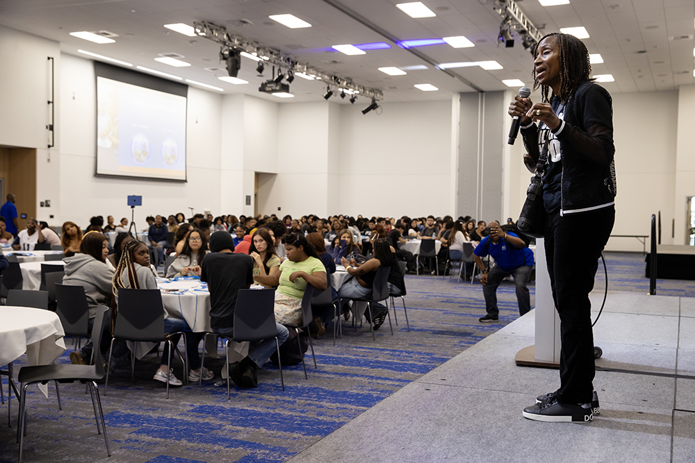 During her keynote address, Theresa Price, founder and CEO of the National College Resources Foundation, got participants excited about attending college and helped them feel confident about achieving their dreams. 