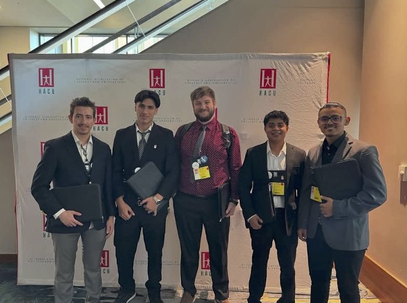 CSUSB students at the Hispanic Association of Colleges and Universities conference: From left, Pedro Gonzalez, computer science; Cervantes-Fernandez, computer science; James Johnson, information and decision science; Luevanos, computer engineering; Ahmed Burgos Nagi, philosophy.