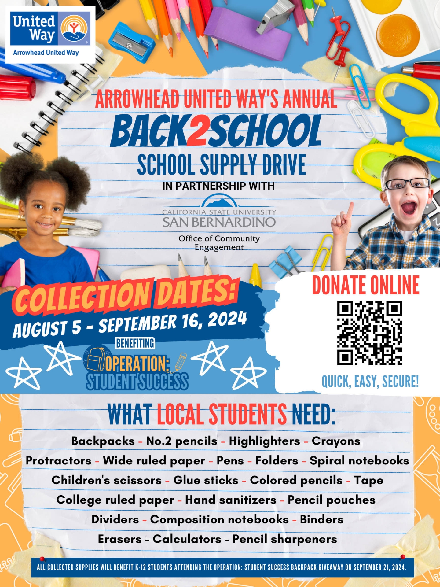 Online flyer, full, for OCE-Arrowhead United Way Back 2 School Backpack Drive