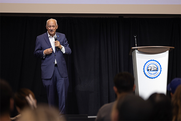 CSUSB President Tomás D. Morales speaking to prospective students and their families at the university’s Fall Preview Day on Oct. 26.