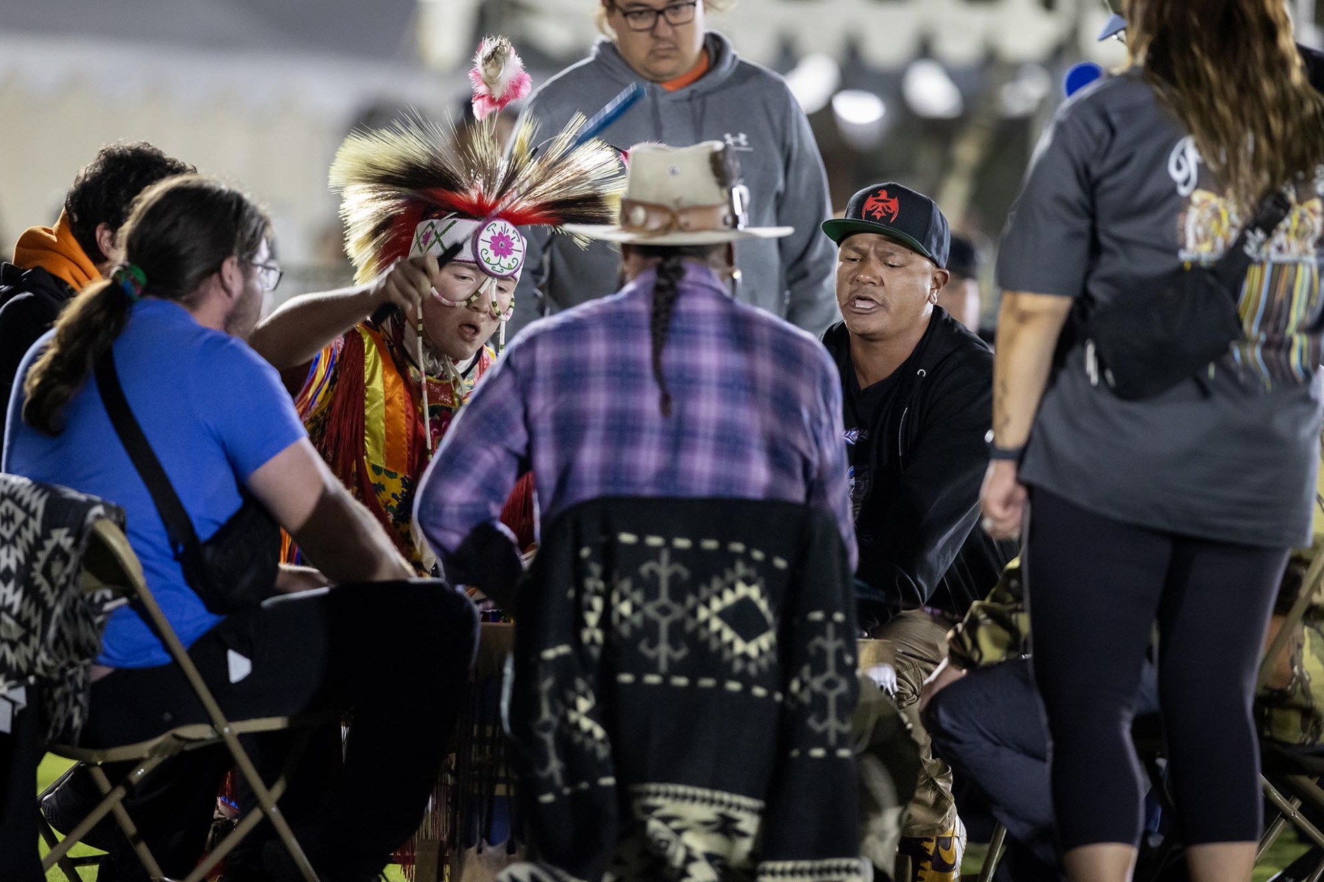 Singers around a drum at the 2024 San Manuel Pow Wow.