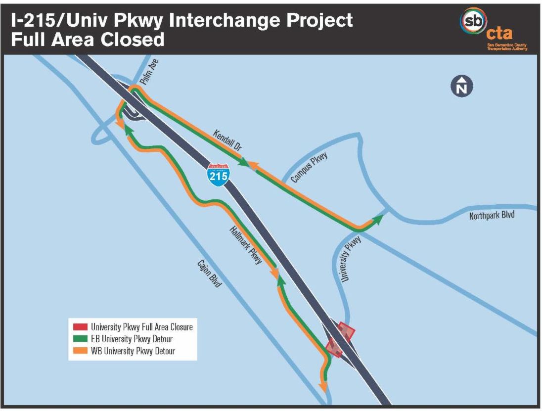 A map showing the detour when the University Parkway-Interstate 215 interchange is closed.