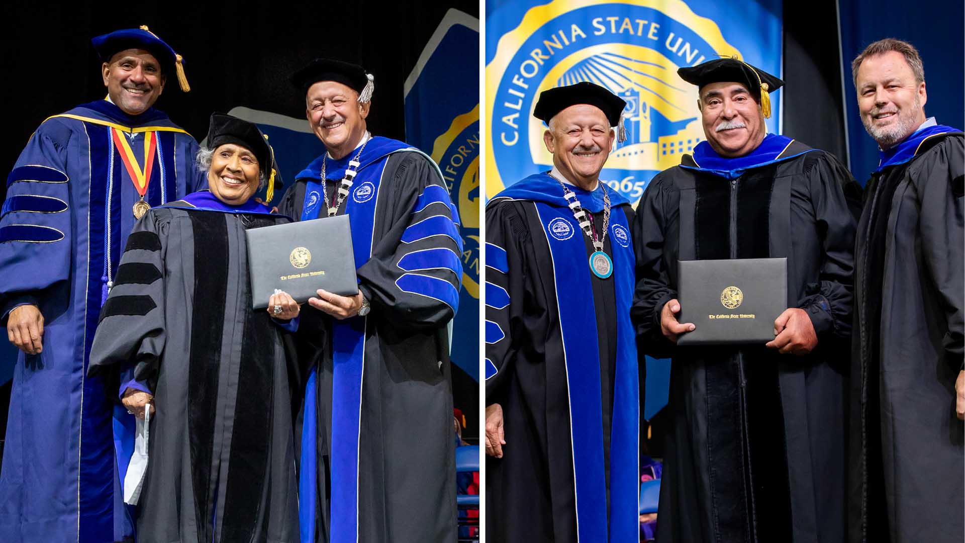 In left photo, from left, Provost Rafik Mohamed, honorary doctorate recipient Mary Jane McCoy and President Tomás D. Morales. In the photo at right, President Morales, honorary doctorate recipient Paul C. Granillo and Lou Monville, CSUSB alumnus, member of the CSUSB Philanthropic Foundation Executive Board.
