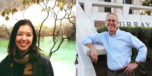 Amy Hawkins in front of tree and lake, Jeff Wasserstrom in front of building