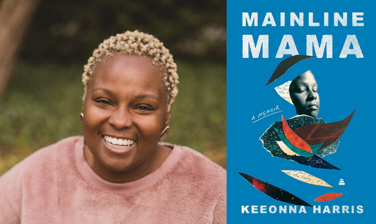 Keeonna Harris headshot, African American woman, short blonde hair, and book cover of Mainline Mama, blue background, swirls of red and blue leaf-shapes, Dr. Harris with her eyes closed at peace