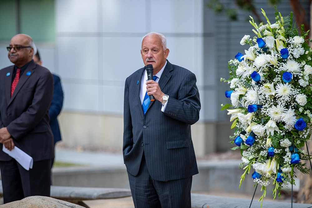CSUSB President Tomás D. Morales shared remarks at the ceremony, recalling the events that took place on Dec. 2, 2015 and the enduring significance of that day. 