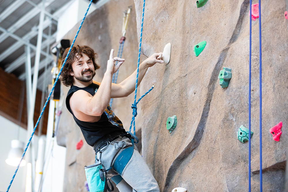 Martinez is passionate about rock climbing, and he utilizes the climbing wall at CSUSB’s Recreation and Wellness Center to enjoy this hobby.