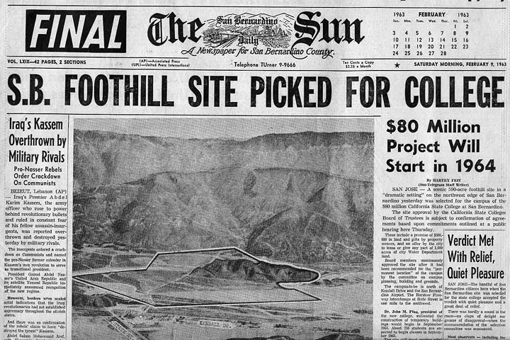The front page of The Sun when the site was selected for a new state college campus in San Bernardino.