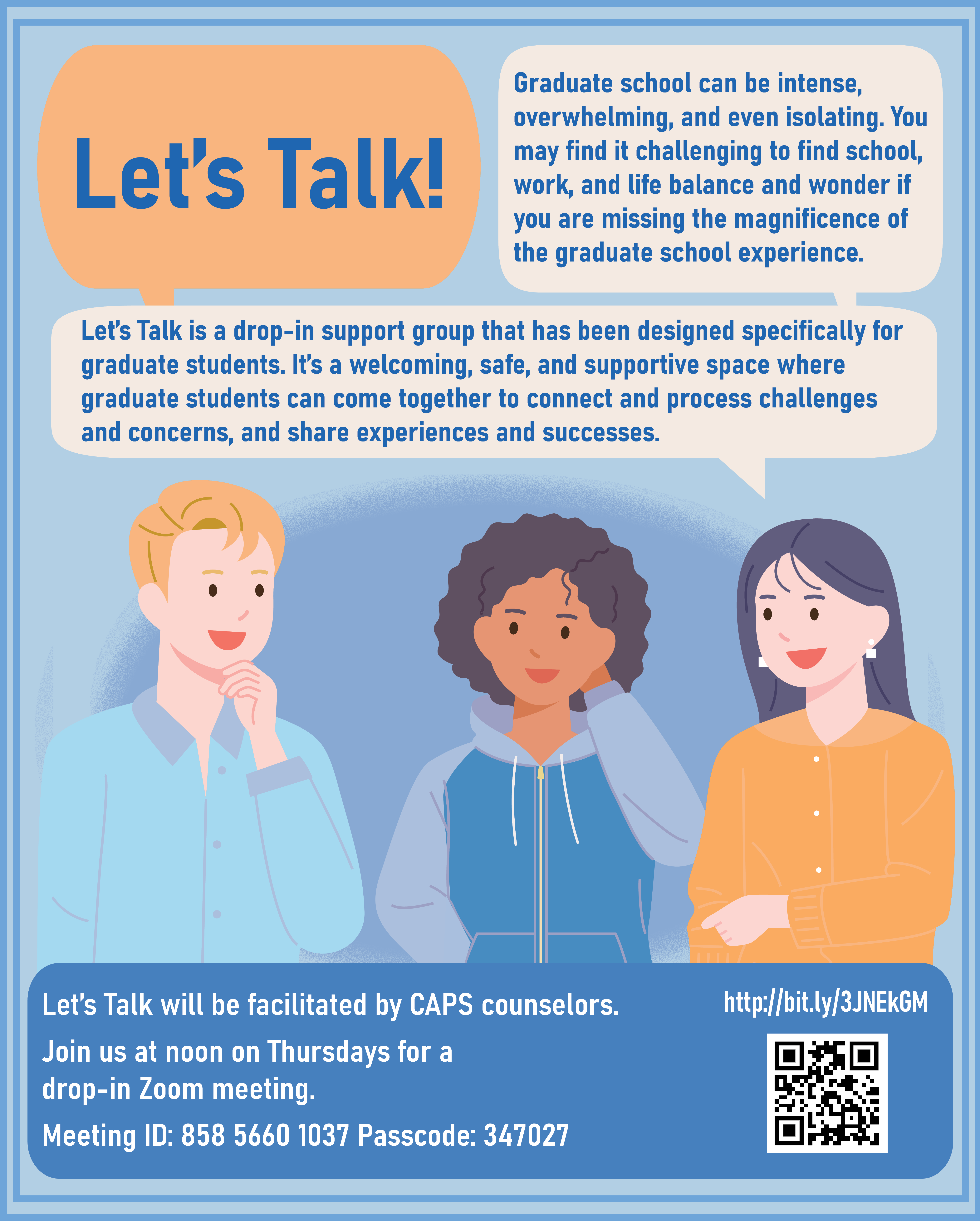 Images of three people engaging in a conversation. Image includes QR code link to session.