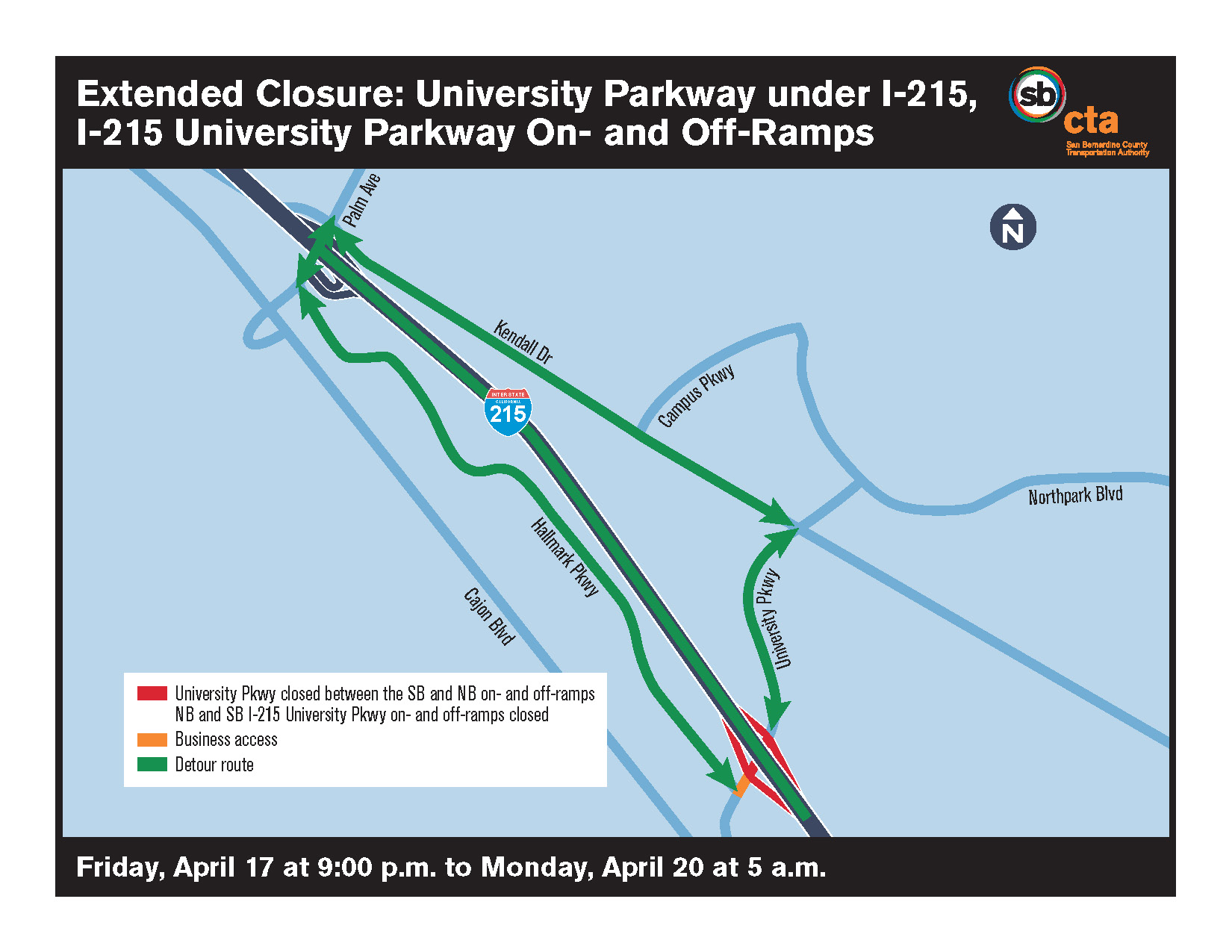 Map of I-215/University Parkway closure and detour map