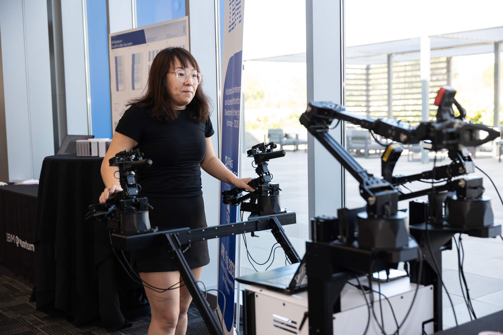 Yutong Liu, director of the Motion Capture Studio, showing how the technology works.