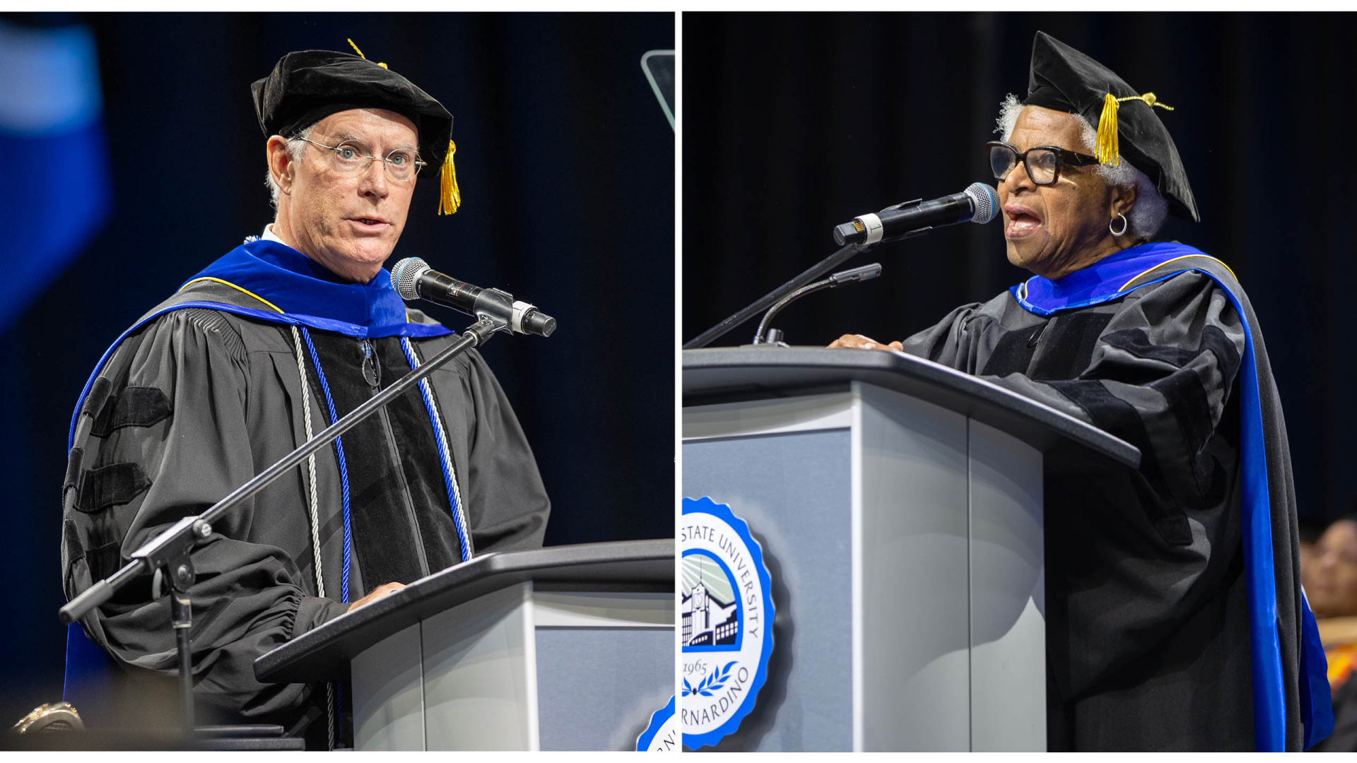 Sharing their thoughts with graduates are honorary doctorate recipients William M. Stevenson (left) and Yolanda T. Moses.