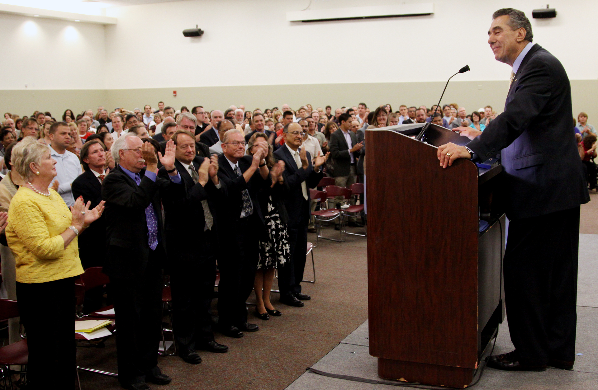 Albert K. Karnig, third president of CSUSB, announces his retirement.